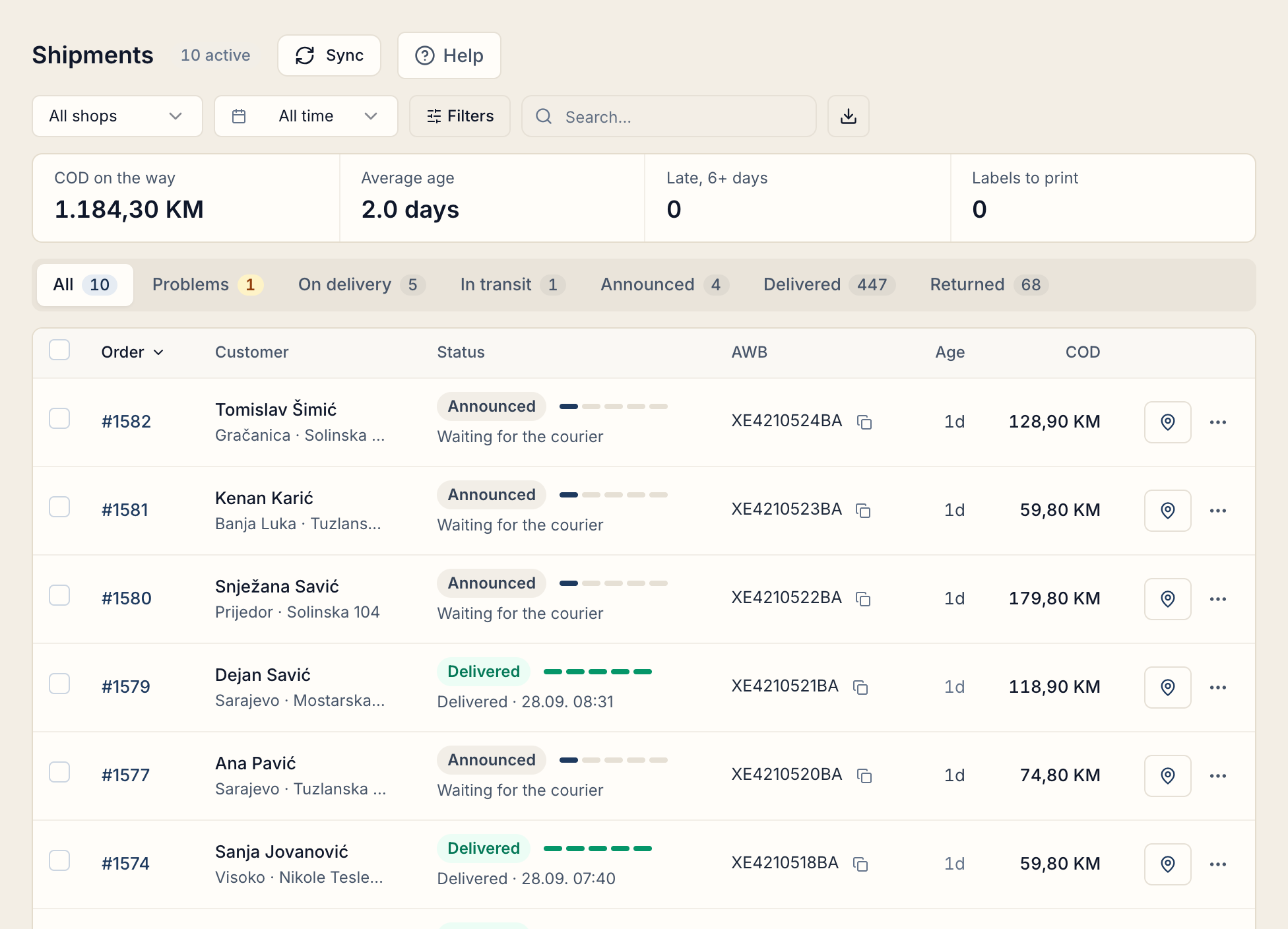 The All Shipments page with status tabs
