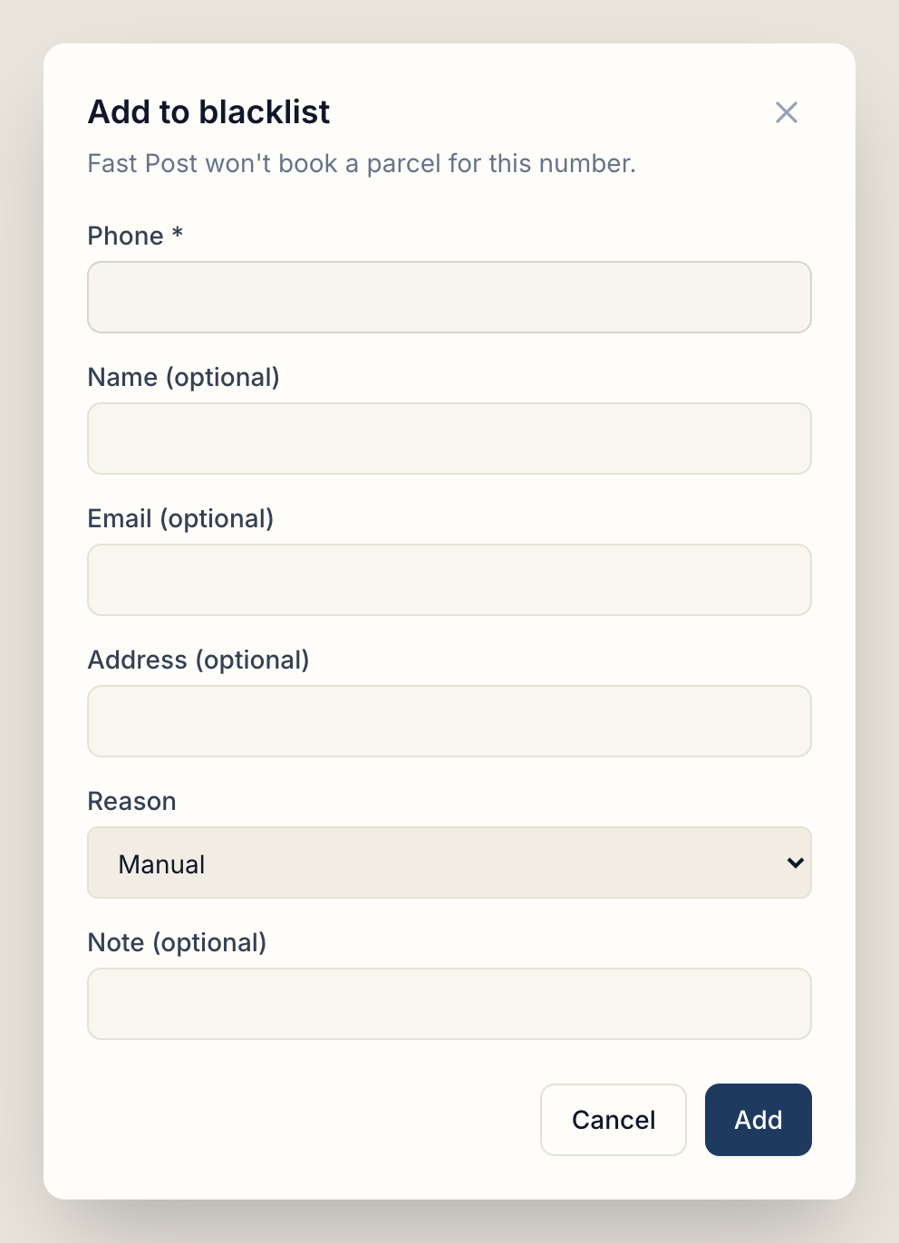 The Add to blacklist window