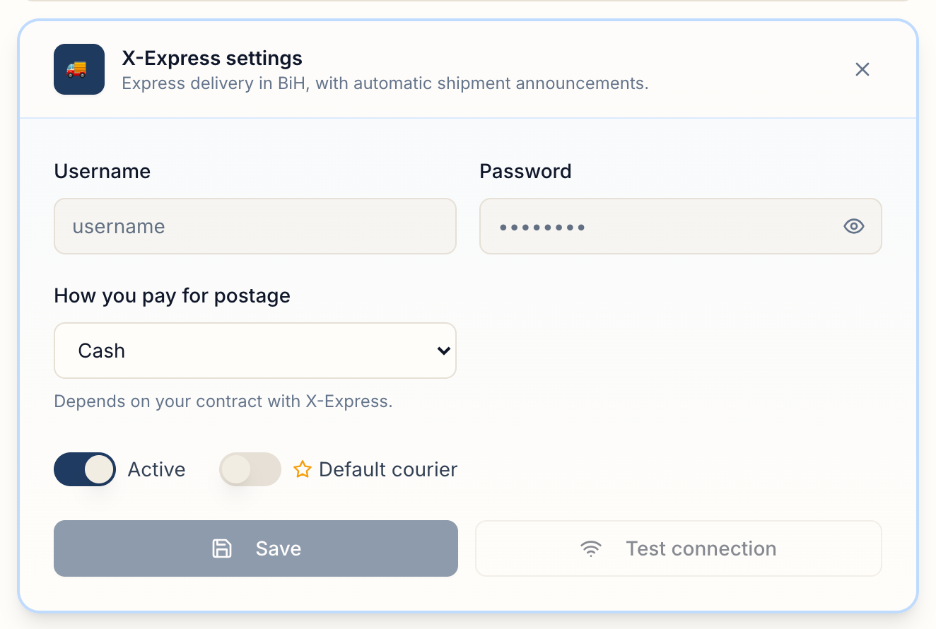 The form for connecting the courier X-Express