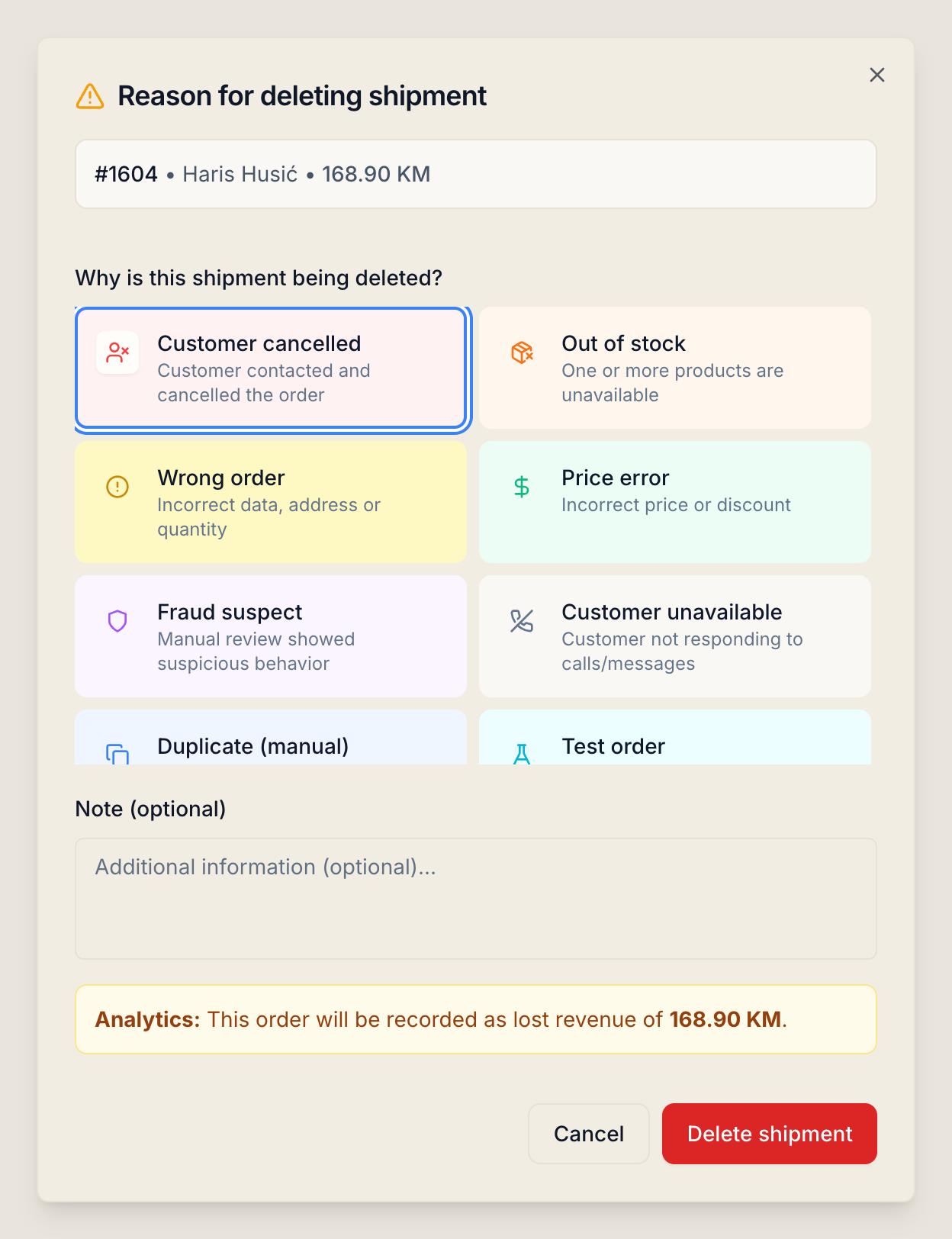 The window with the reason for deleting a parcel