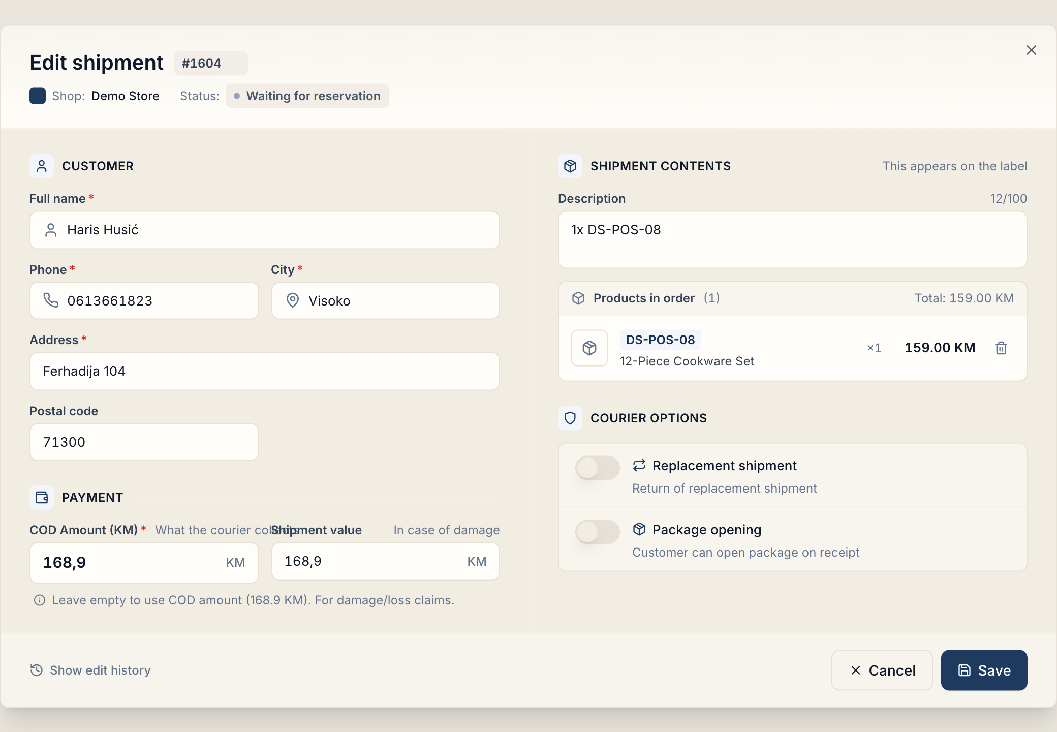 The Edit shipment window