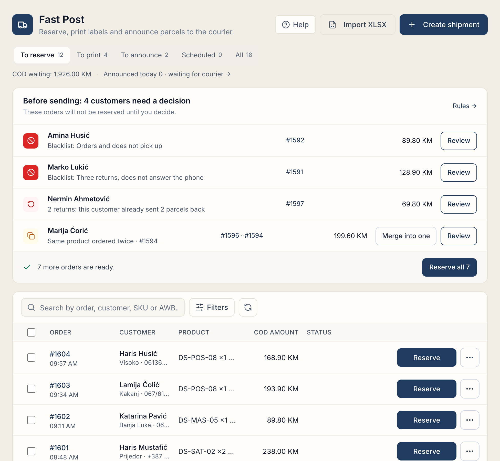 Fast Post: tabs, the Before sending box and the order list