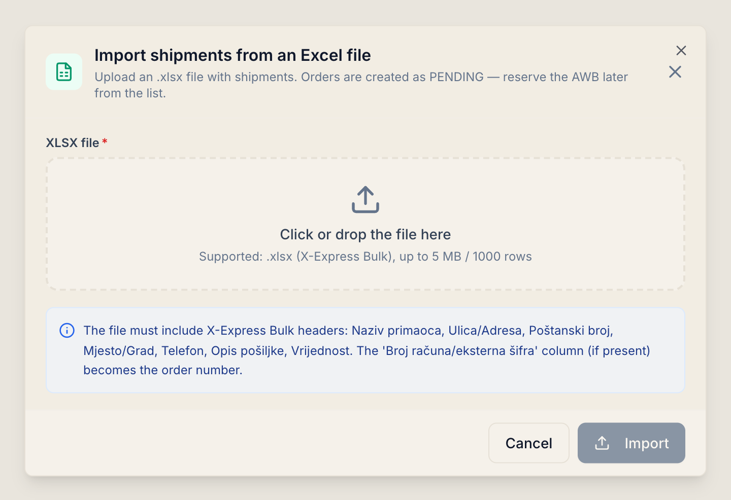 The window for importing parcels from Excel