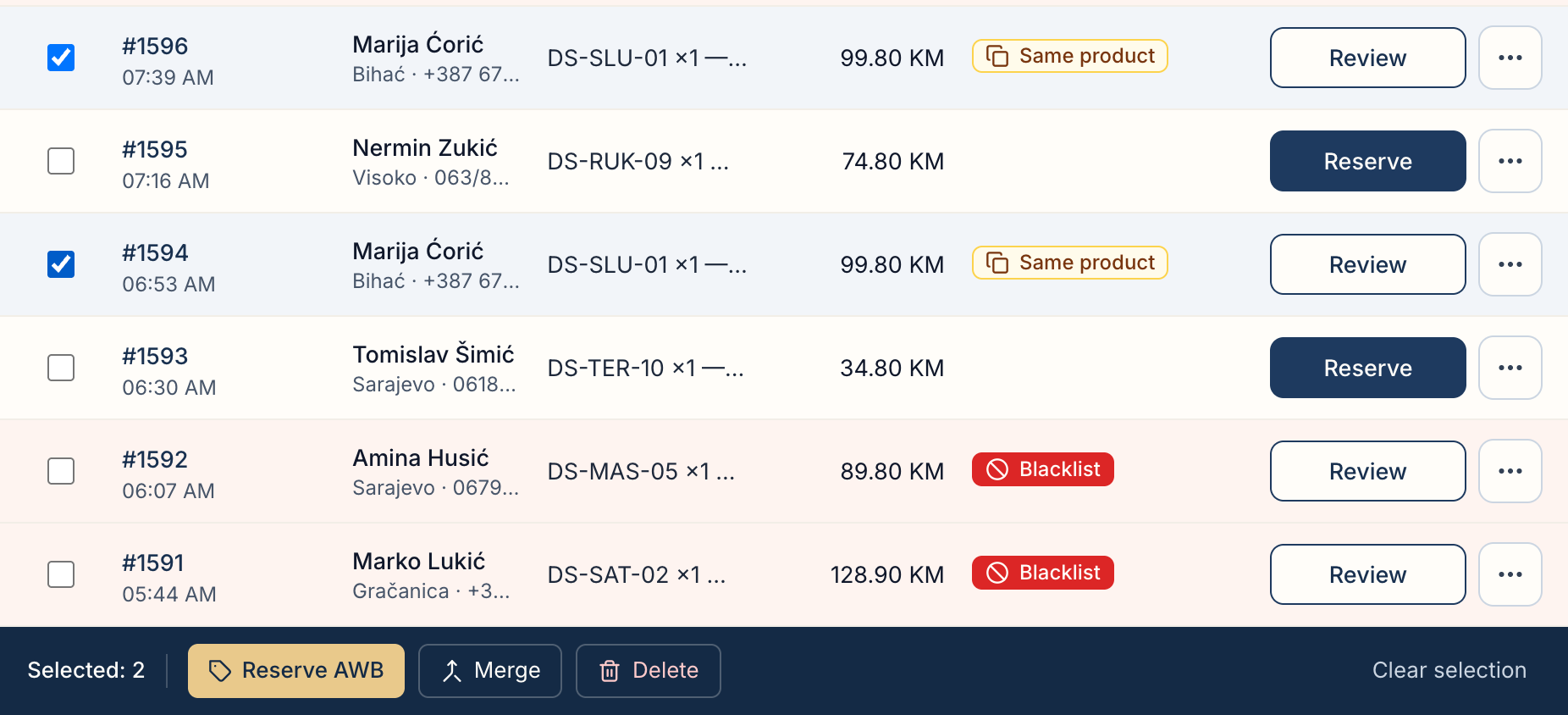 Two orders from the same customer and the Merge button