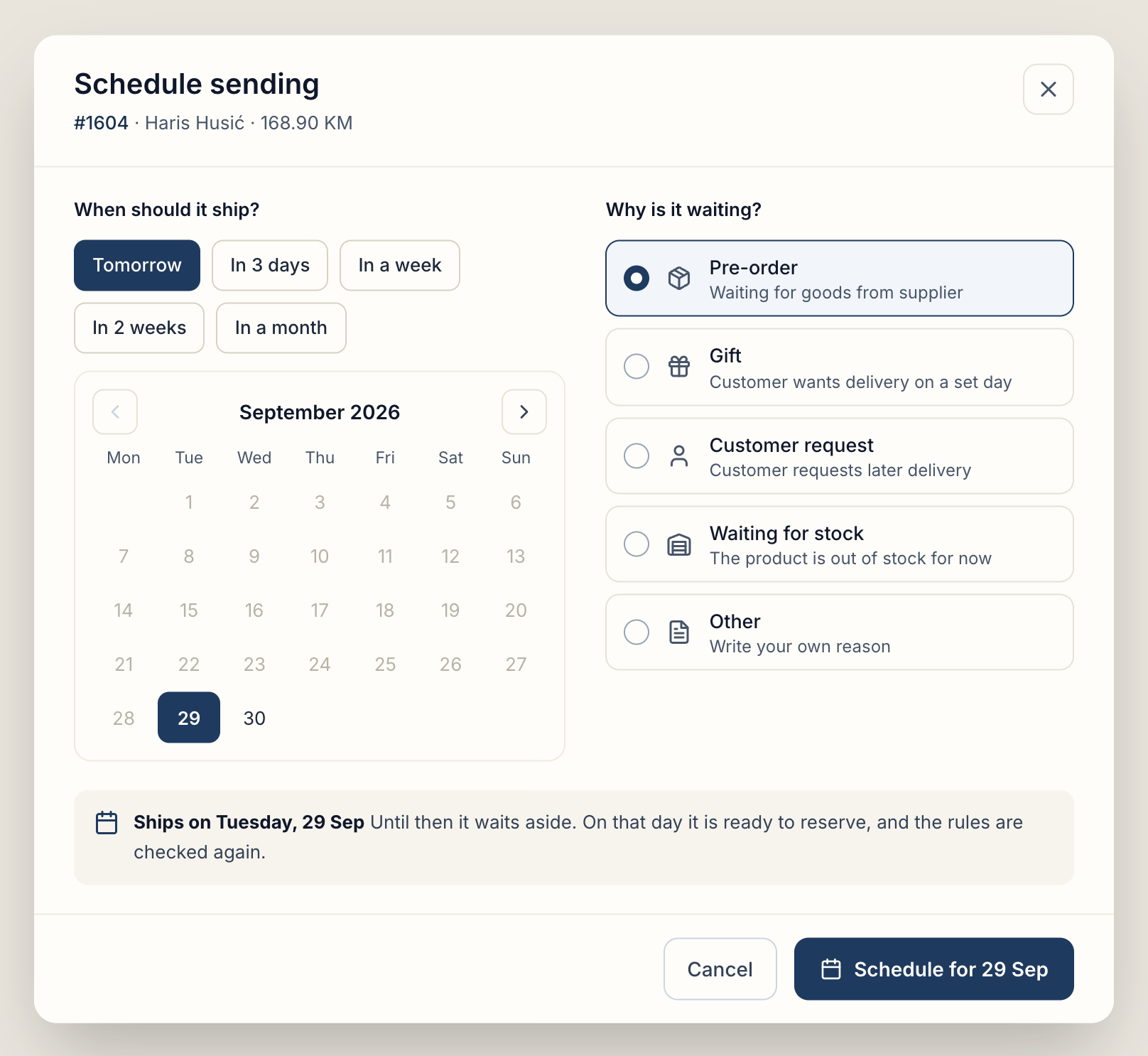 The Schedule sending window with a day and a reason