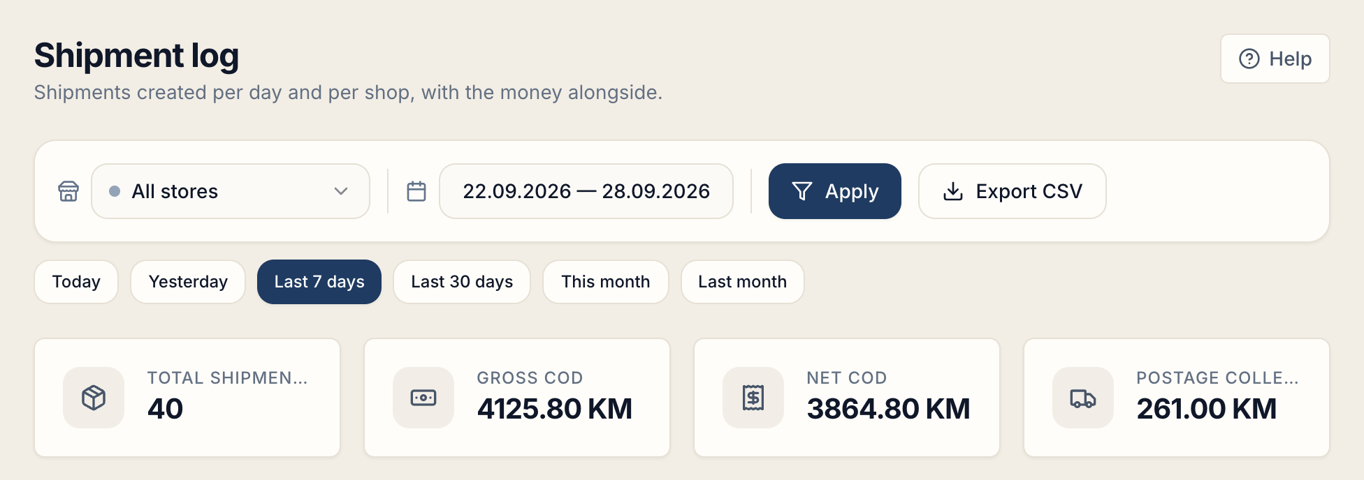 The Shipment Log with period choice and totals
