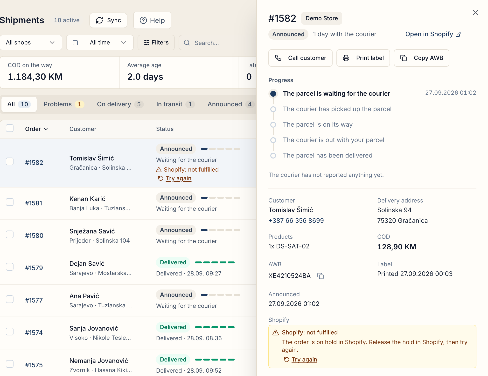 All Shipments with the parcel panel open: Shopify: not fulfilled, the reason and a Try again button
