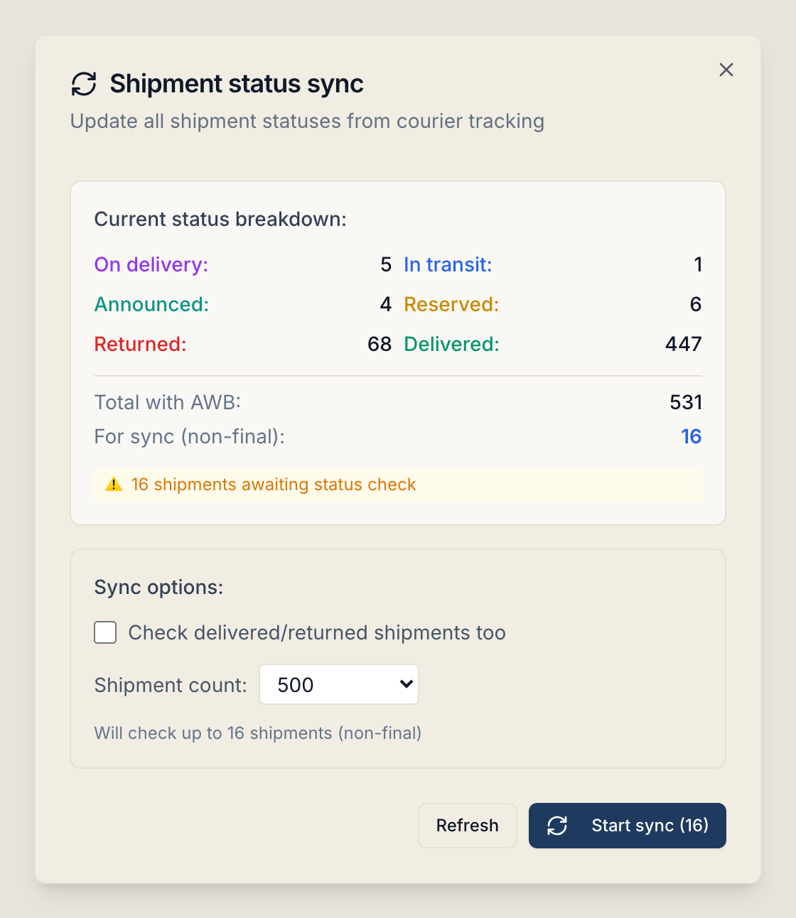 The Shipment status sync window